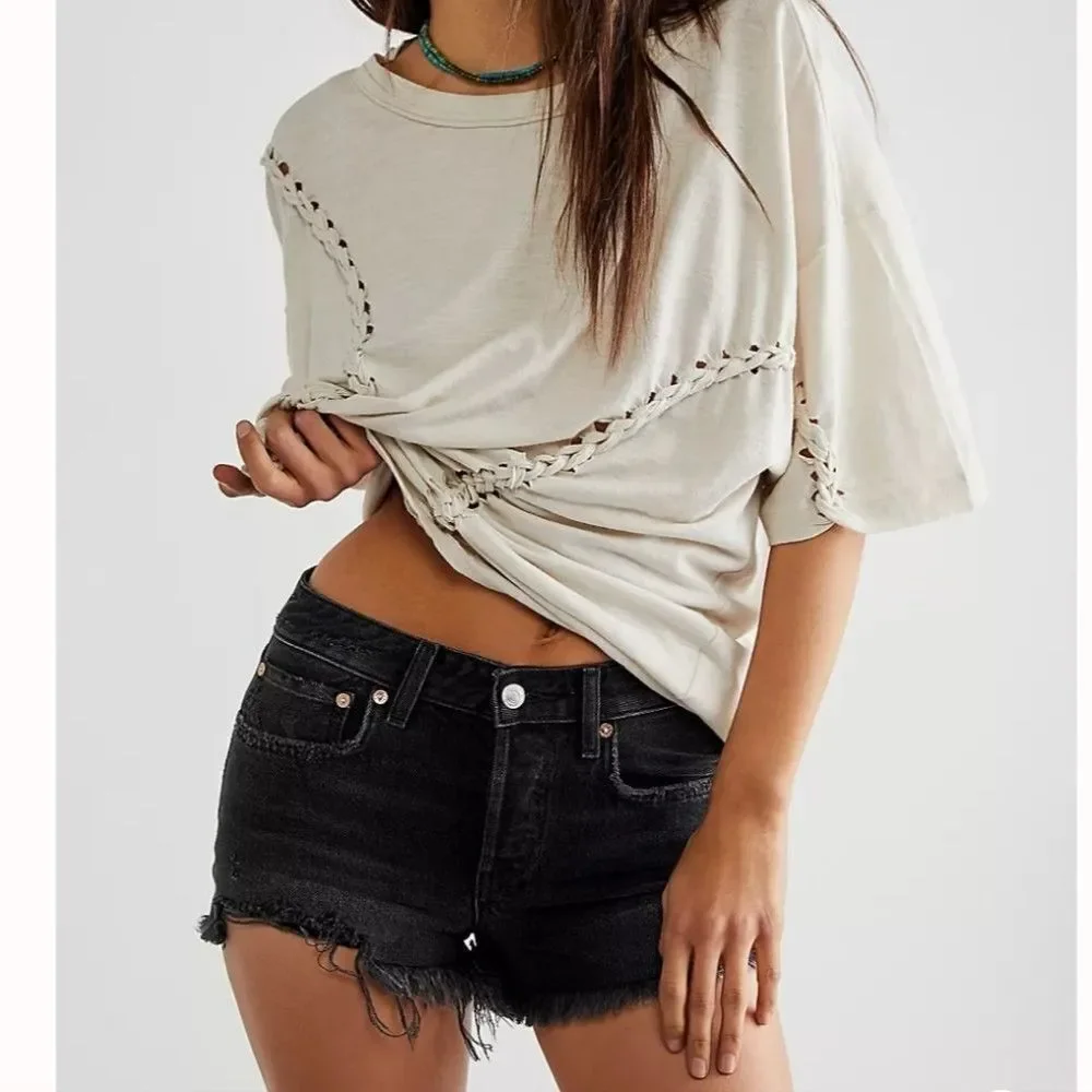 Free People Good Times Frayed Black Denin Jean Shorts - Picture 2 of 10